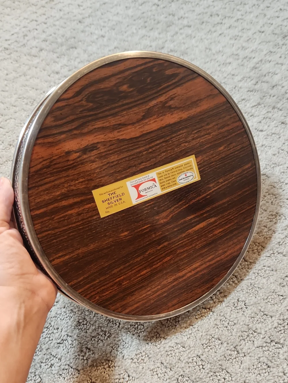 Vintage MCM Sheffield Round Silverplate Tray With Wood Look Formica Surface